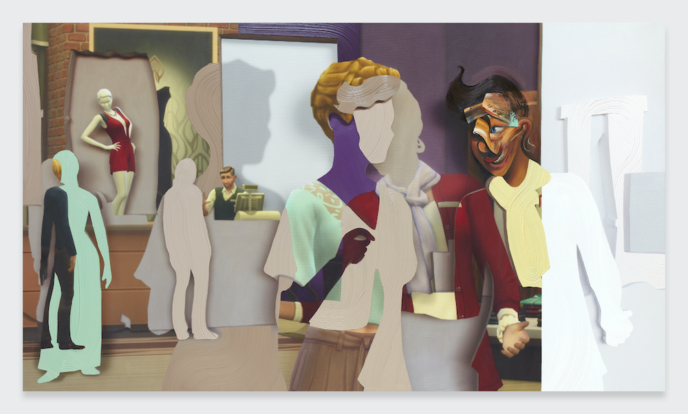 Shifted Sims #7 (Fashionista Career) 2020 Oil, acrylic, inkjet on canvas 48 x 84 inches